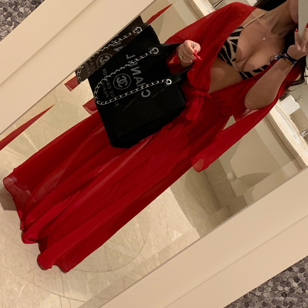 Red Sheer Swim Cover-Up Maxi with Tie Front